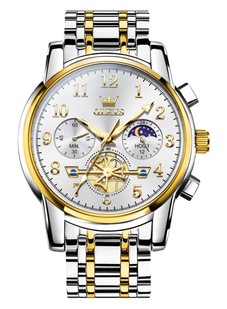 OLEVS Moon Phase Watch For Men Stainless Steel Waterpoof Luminous Fashion Skeleton Chronograph Quartz Wrist Watch for Men - Image 2