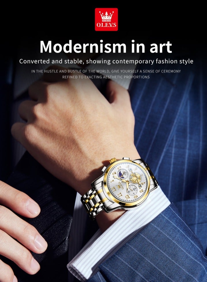 OLEVS Moon Phase Watch For Men Stainless Steel Waterpoof Luminous Fashion Skeleton Chronograph Quartz Wrist Watch for Men - Image 4