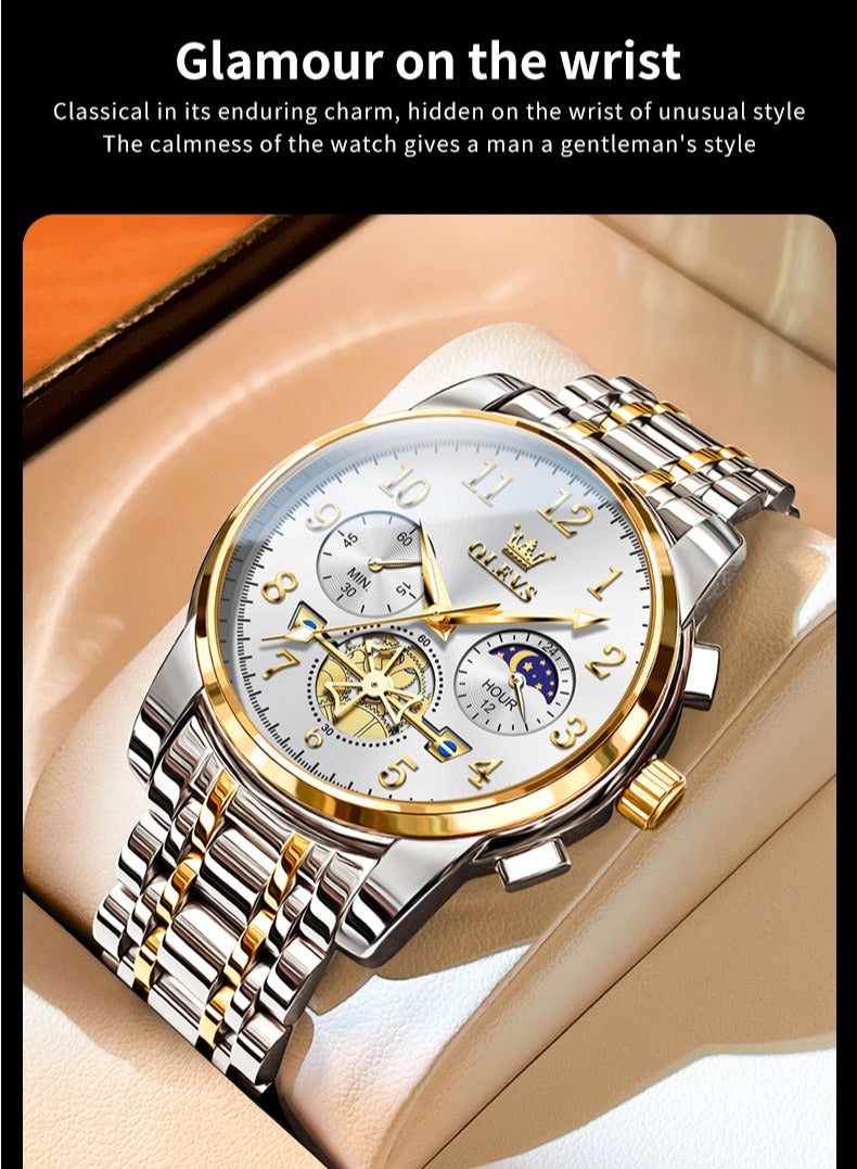 OLEVS Moon Phase Watch For Men Stainless Steel Waterpoof Luminous Fashion Skeleton Chronograph Quartz Wrist Watch for Men - Image 5