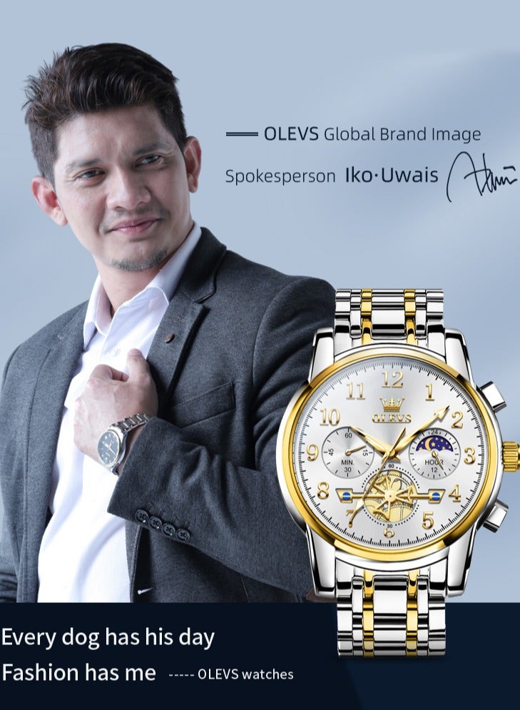 OLEVS Moon Phase Watch For Men Stainless Steel Waterpoof Luminous Fashion Skeleton Chronograph Quartz Wrist Watch for Men - Image 3