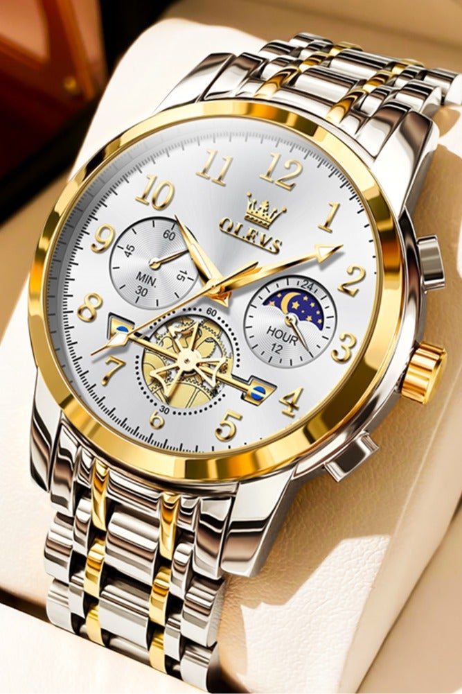 OLEVS Moon Phase Watch For Men Stainless Steel Waterpoof Luminous Fashion Skeleton Chronograph Quartz Wrist Watch for Men - Image 1