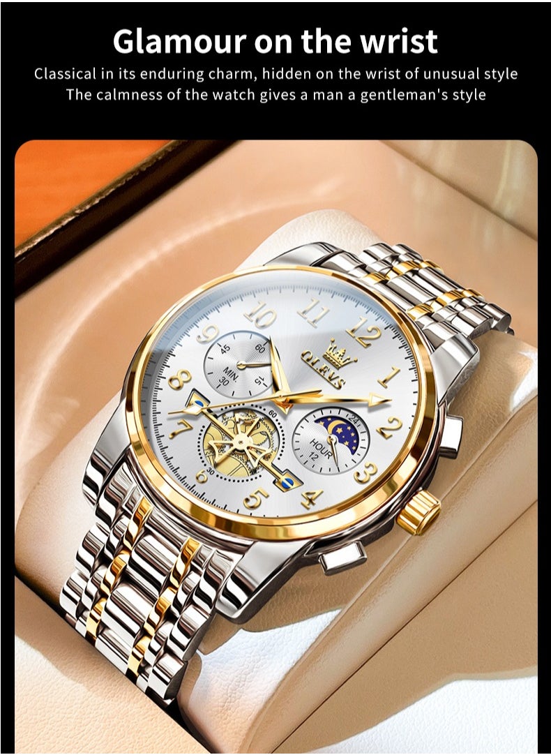أوليفز ساعة OLEVS 2900 Moon Phase للرجال من الفولاذ المقاوم للصدأ ومضادة للماء وعصرية بهيكل عظمي وساعة كوارتز كرونوغراف للرجال  - Image 4