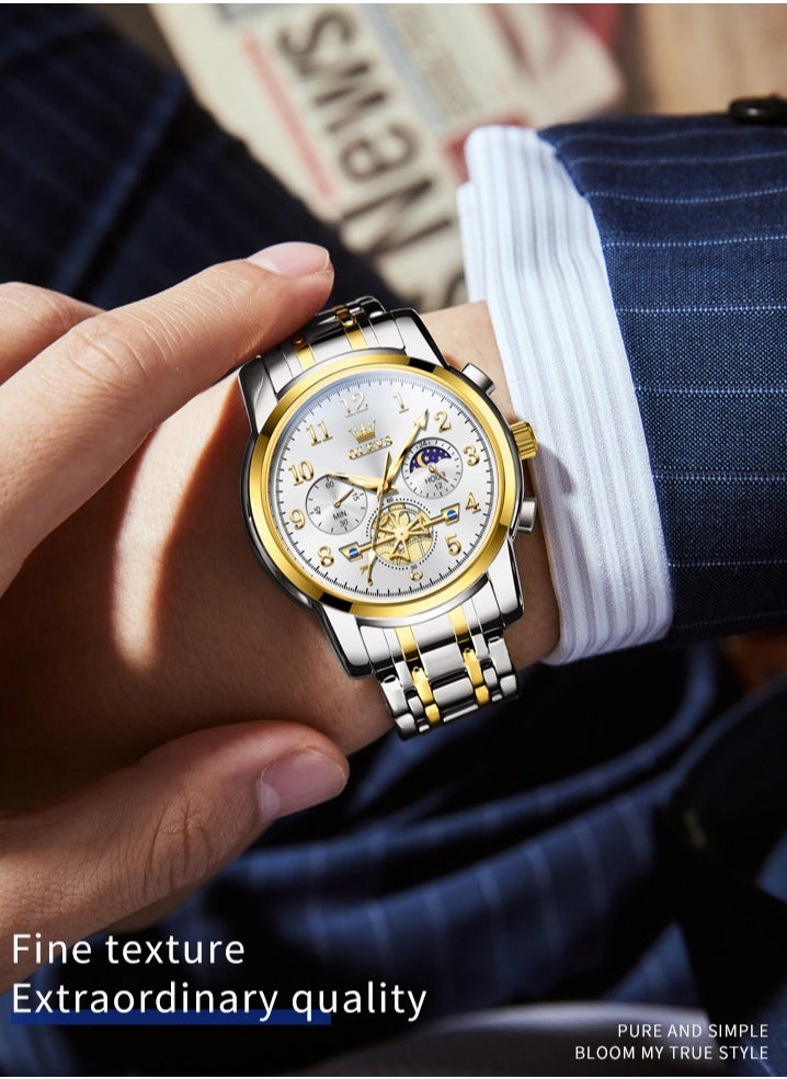 أوليفز ساعة OLEVS 2900 Moon Phase للرجال من الفولاذ المقاوم للصدأ ومضادة للماء وعصرية بهيكل عظمي وساعة كوارتز كرونوغراف للرجال  - Image 5