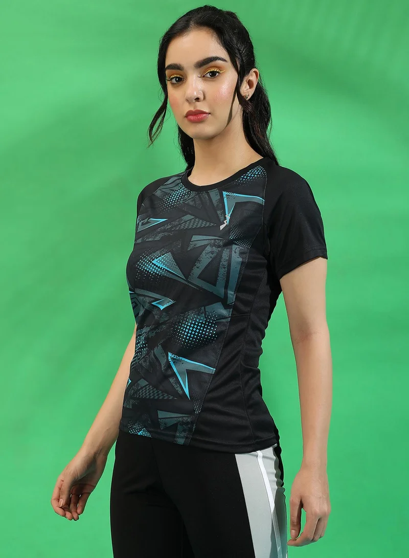 كامبوس سوترا Women's Black Abstract Print Dri-Fit Short Sleeve Regular Fit Activewear T-Shirt For Casual Wear | Jersey T-Shirt Crafted With Comfort Fit And High-Performance For Everyday Wear
