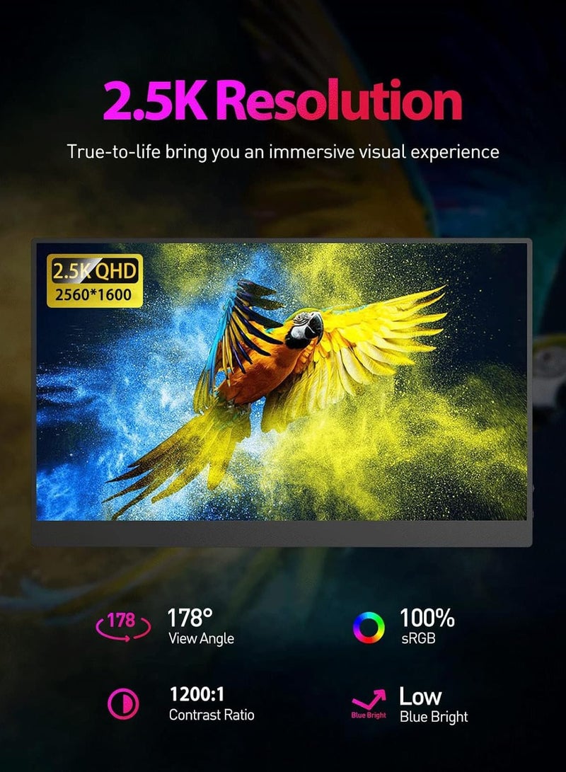 2.5K Portable Monitor, 16" Portable Monitor for Laptop 2560x1600 QHD USB-C&HDMI External FreeSync Laptop Monitor Gaming Screen Ultra Slim IPS Speaker for Laptop Mac Phone Xbox Game Monitor - Image 2