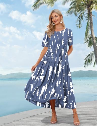 YESNO Women Casual Loose Bohemian Floral Dress with Pockets Short Sleeve Long Maxi Summer Beach Swing Dress L EJF CR147 - Image 2