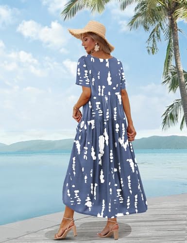 YESNO Women Casual Loose Bohemian Floral Dress with Pockets Short Sleeve Long Maxi Summer Beach Swing Dress L EJF CR147 - Image 4
