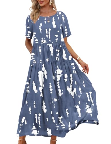 YESNO Women Casual Loose Bohemian Floral Dress with Pockets Short Sleeve Long Maxi Summer Beach Swing Dress L EJF CR147 - Image 1