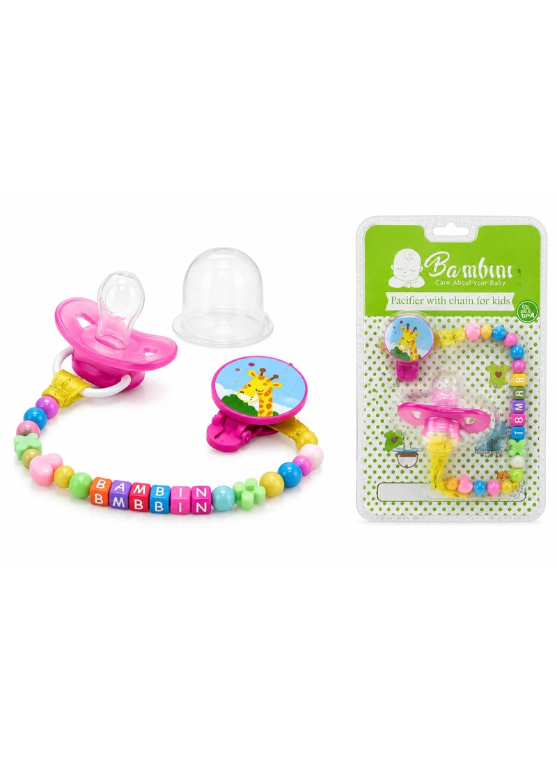 BAMBINI Premium Baby Silicone Pacifier with Clip Chain & Protective Cover, Pink, 0+ Months - Image 1
