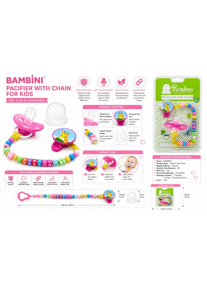 BAMBINI Premium Baby Silicone Pacifier with Clip Chain & Protective Cover, Pink, 0+ Months - Image 3