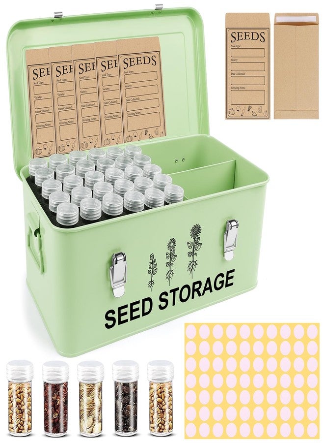 RGJ 60 Slots Seed Storage Organizer, Metal Seed Saving Box with Lid and Safety Locks, Seed Bin Seed Storage Container with 20 Seed Envelopes and 20 Labels, 3 Compartments, Perfect for Flower Plants Garden - Image 1