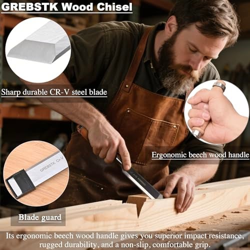 GREBSTK 4 Pcs Wood Chisel Set, CRV Steel Bevel Sharp Edge Bench Chisels with Canvas Bag, Comfortful Beech Handle, for Woodworking and DIY Projects, 9.5"x(1/4", 1/2", 3/4", 1") - Image 3