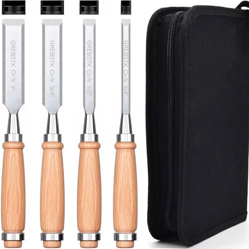 GREBSTK 4 Pcs Wood Chisel Set, CRV Steel Bevel Sharp Edge Bench Chisels with Canvas Bag, Comfortful Beech Handle, for Woodworking and DIY Projects, 9.5"x(1/4", 1/2", 3/4", 1") - Image 1