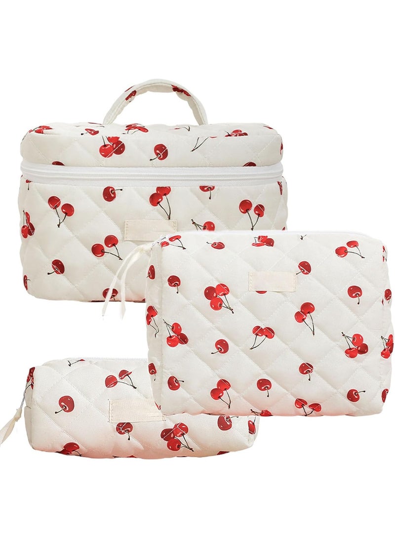 Arabest Cherry Makeup Bag, Cotton Set Quilted Makeup Bag For Women Girls, Large Capacity Cute Cherry Cosmetic Pouch Bag Toiletries Bag (Cherry One Set) - Image 1