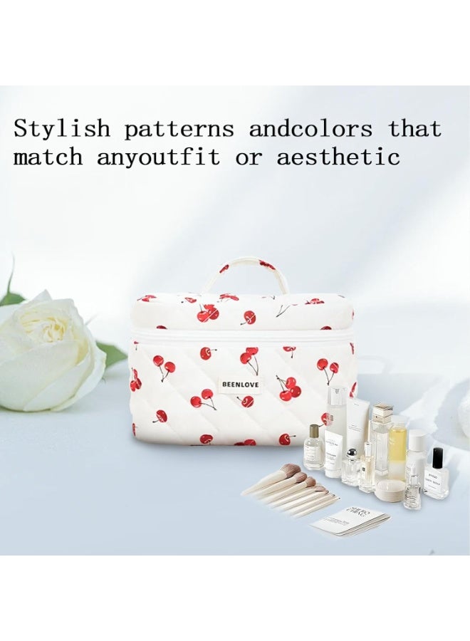 Arabest Cherry Makeup Bag, Cotton Set Quilted Makeup Bag For Women Girls, Large Capacity Cute Cherry Cosmetic Pouch Bag Toiletries Bag (Cherry One Set) - Image 3