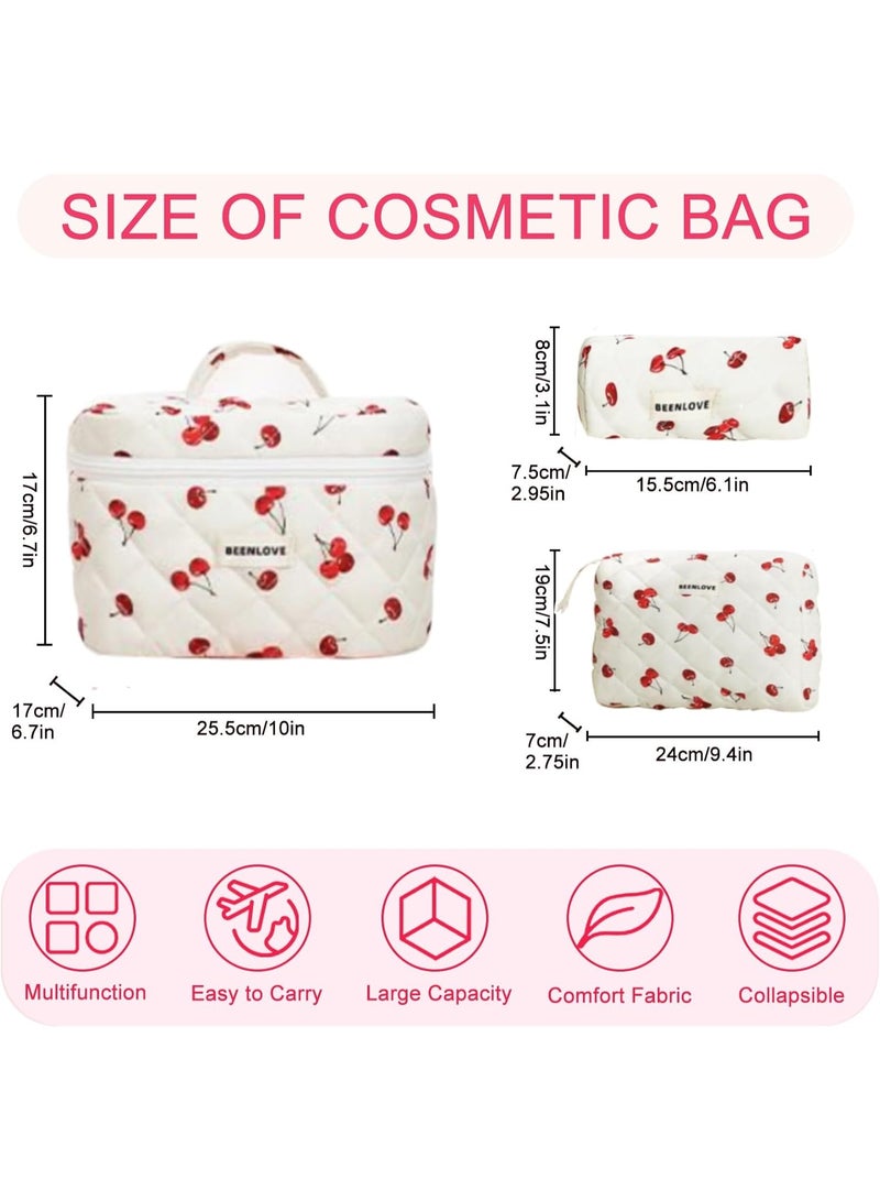 Arabest Cherry Makeup Bag, Cotton Set Quilted Makeup Bag For Women Girls, Large Capacity Cute Cherry Cosmetic Pouch Bag Toiletries Bag (Cherry One Set) - Image 4