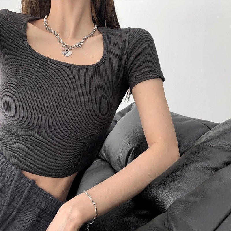 American Vintage Embroidered Letter Slimming Base Layer Top Square Collar Cropped Short Sleeve T-shirt High-waisted Top 845-Grey  - Image 1