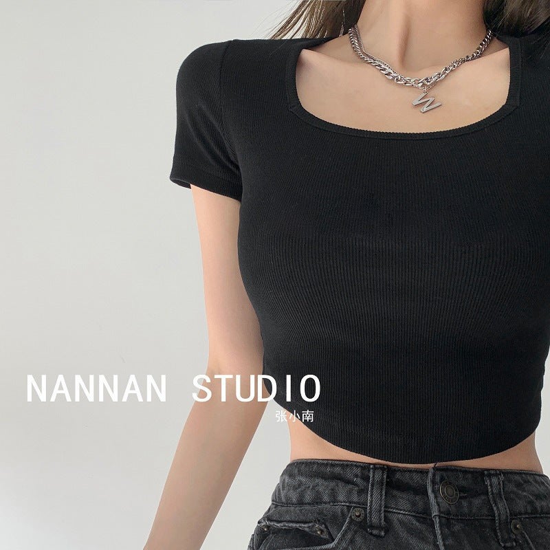 American Vintage Embroidered Letter Slimming Base Layer Top Square Collar Cropped Short Sleeve T-shirt High-waisted Top 845-Grey  - Image 3
