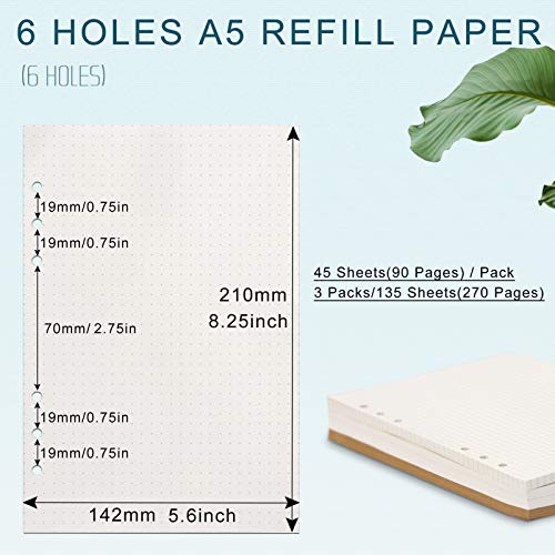 Toplive [3 Pack] A5 Refill Paper - 100GSM Thick 6 Hole Filler Inserts, 135 Sheets (270 Pages) for 6 Ring Binder Journal Notebook, Dotted - Image 3