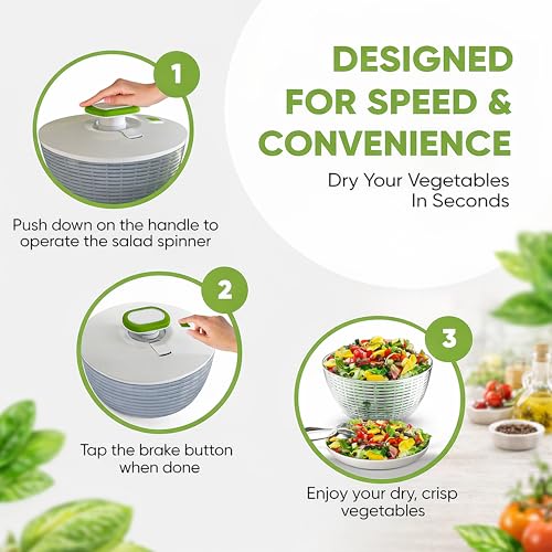 Brieftons 6.2-Quart Large Salad Spinner: Vegetable Washer Dryer Drainer Strainer with Bowl & Colander, Easy One-Handed Pump, Compact Storage, for Washing, Cleaning & Drying Greens, Vegetables, Fruits - Image 3