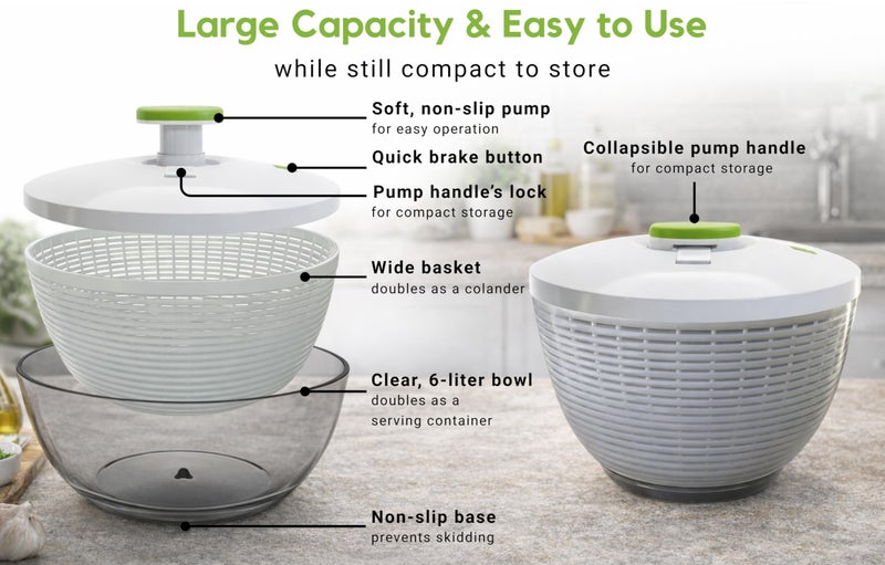 Brieftons 6.2-Quart Large Salad Spinner: Vegetable Washer Dryer Drainer Strainer with Bowl & Colander, Easy One-Handed Pump, Compact Storage, for Washing, Cleaning & Drying Greens, Vegetables, Fruits - Image 5