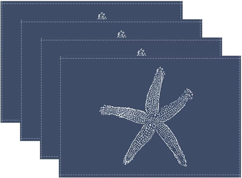 Sunshineyan Summer Coastal Placemats Set of 4, Beach Theme Ocean Navy Blue Starfish Decorative Table Mat 12 x 18 Inch Heat Resistant Non Slip Line Fabric Nautical Place mat for Dining Table - Image 1