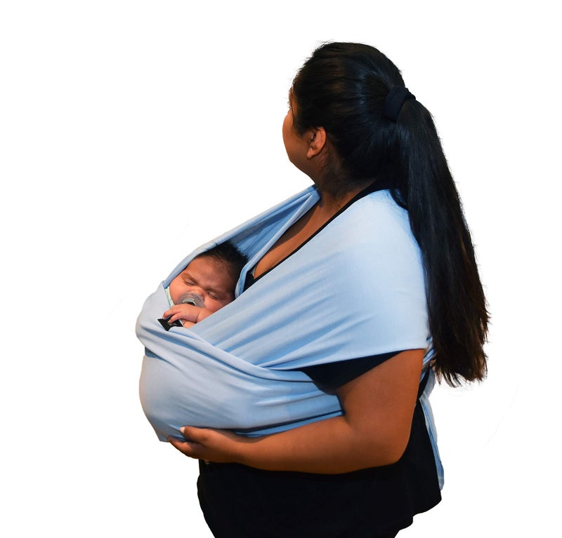Simply Essential Solutions Baby Wrap Carrier Soft, Stretchy, Cotton Baby Wrap, Baby Sling, Nursing Cover Up for use with Newborn-Toddler: Evenly distributes Weight for More Comfortable Carrying (Light Blue) - Image 1