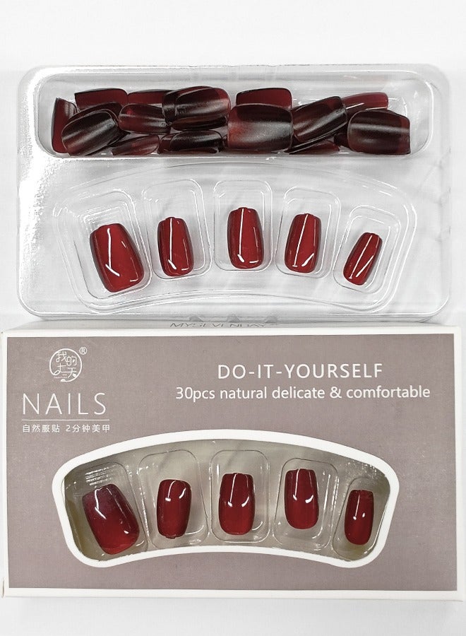 NIBEMINENT 30Pcs Fake Nails, Press Nails In Box,Mid-length Flat head shaped Solid Red Color Shiny Nail Art, Fake Nail Patch - Image 3