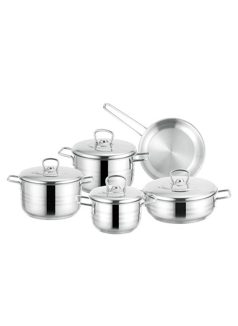 9-Piece Stainless Steel Estra Cookware Set With 5-Layers Induction Bottom; Sizes 16, 20, 24, 24, 24CM Silver