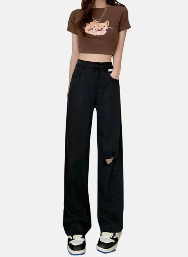 YUNIQEE Black Straight Fit High-Rise Slash Knee Denim Jeans