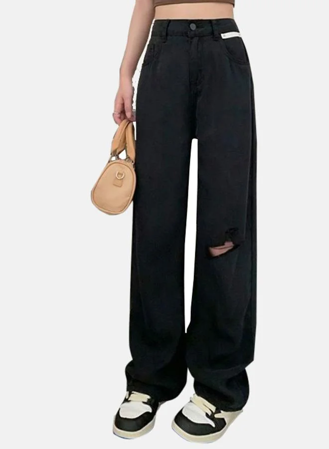 YUNIQEE Black Straight Fit High-Rise Slash Knee Denim Jeans