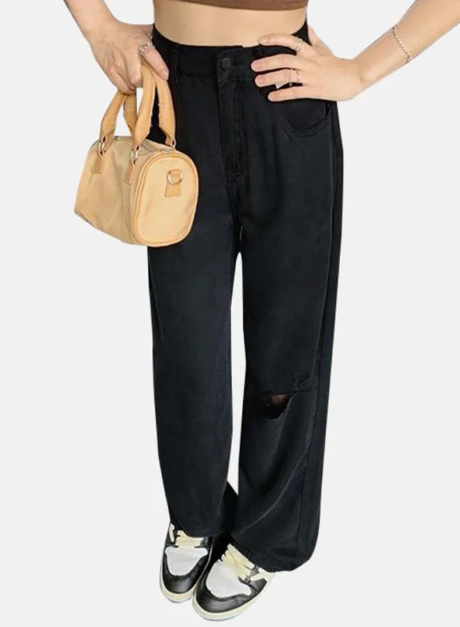 YUNIQEE Black Straight Fit High-Rise Slash Knee Denim Jeans