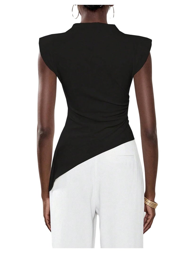 SweatyRocks Women's Asymmetrical Hem Ruched Top Shoulder Pad Fitted Sleeveless Mock Neck Shirts Going Out Chic Tops Black Large - Image 2