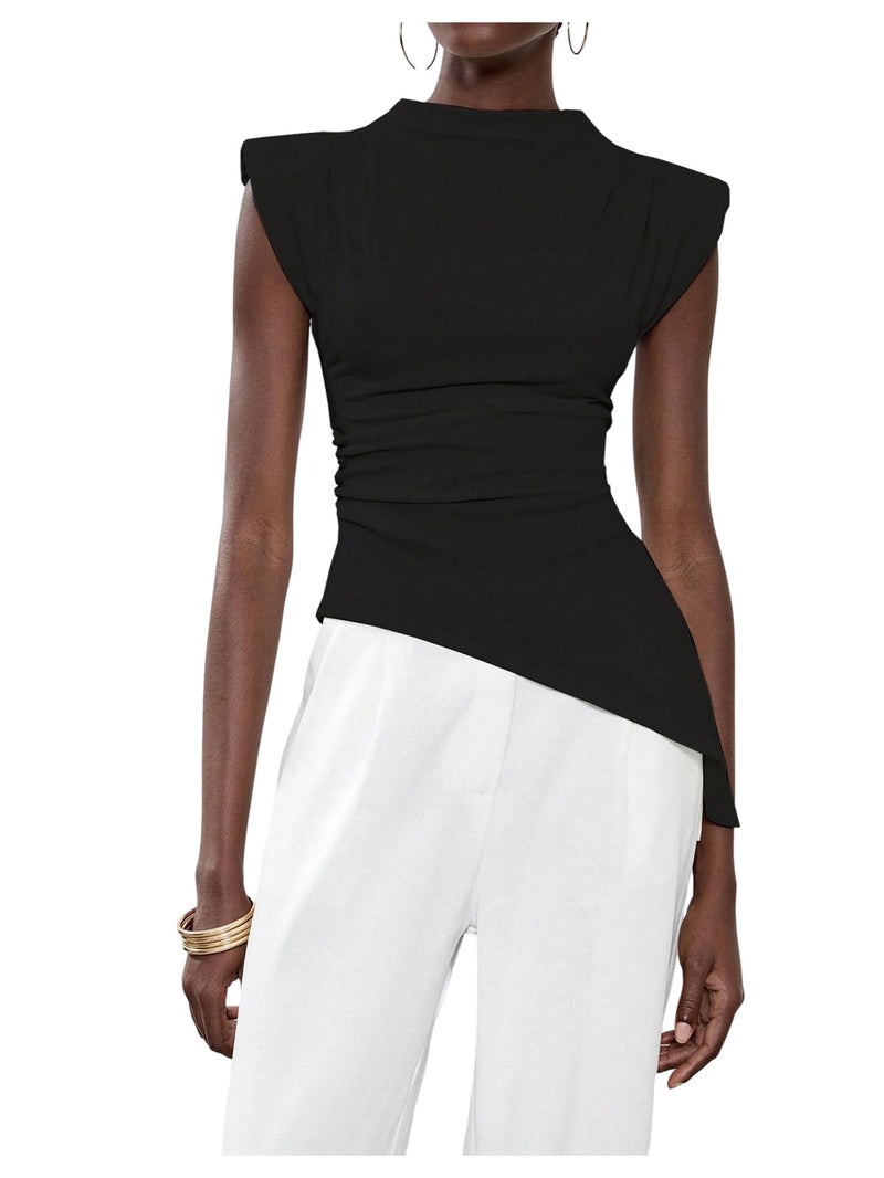 SweatyRocks Women's Asymmetrical Hem Ruched Top Shoulder Pad Fitted Sleeveless Mock Neck Shirts Going Out Chic Tops Black Large - Image 1