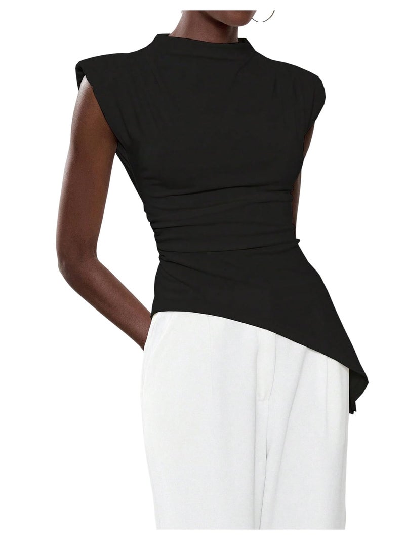 SweatyRocks Women's Asymmetrical Hem Ruched Top Shoulder Pad Fitted Sleeveless Mock Neck Shirts Going Out Chic Tops Black Large - Image 5