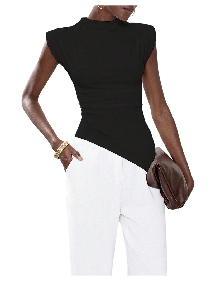 SweatyRocks Women's Asymmetrical Hem Ruched Top Shoulder Pad Fitted Sleeveless Mock Neck Shirts Going Out Chic Tops Black Large - Image 3