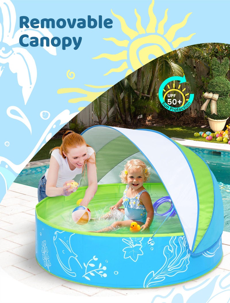 Hikiddy Foldable Kiddie Pool with Canopy: 47in Baby Pool and Beach Tent for Toddlers Infants 6-12 Months and Kids 2-4 Years Old - Portable Water Play with Shade for Outdoor Backyard Beach (Blue-Green) - Image 2