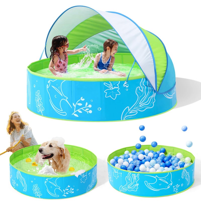 Hikiddy Foldable Kiddie Pool with Canopy: 47in Baby Pool and Beach Tent for Toddlers Infants 6-12 Months and Kids 2-4 Years Old - Portable Water Play with Shade for Outdoor Backyard Beach (Blue-Green) - Image 1