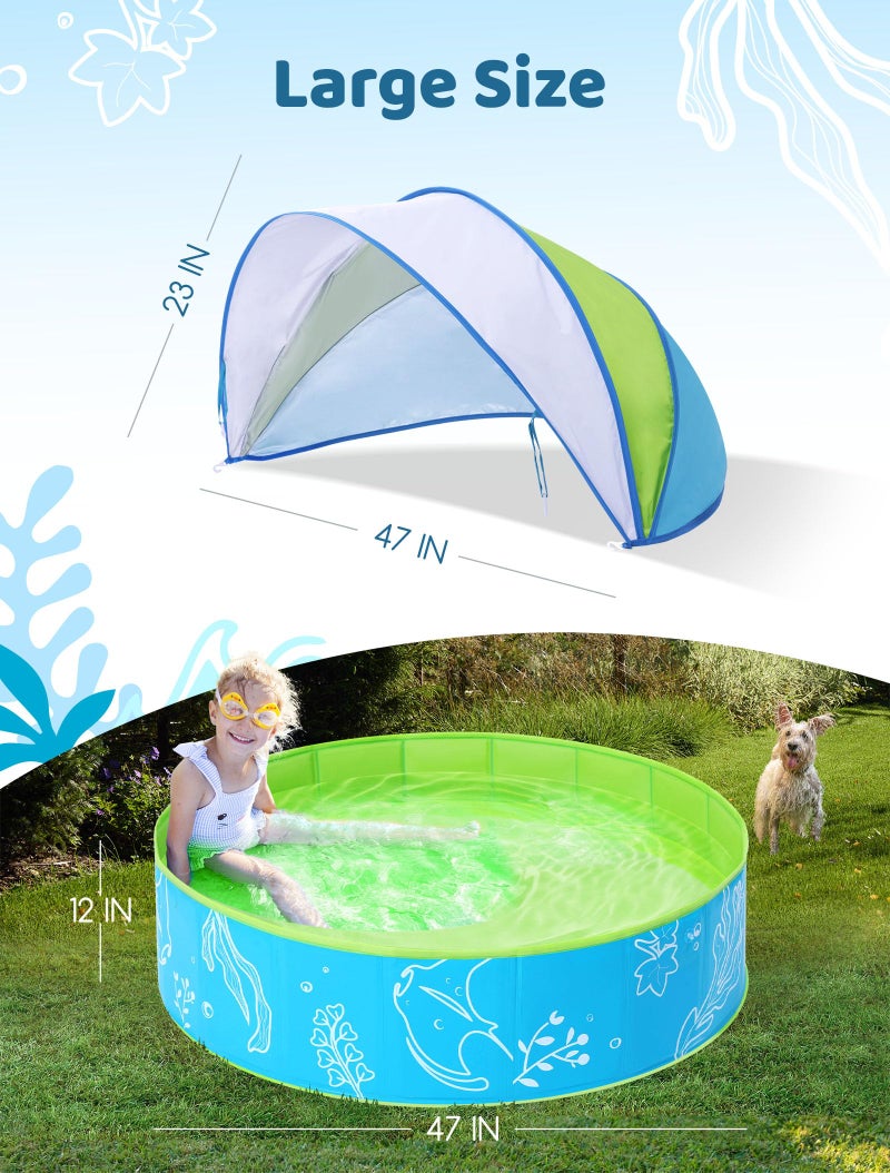 Hikiddy Foldable Kiddie Pool with Canopy: 47in Baby Pool and Beach Tent for Toddlers Infants 6-12 Months and Kids 2-4 Years Old - Portable Water Play with Shade for Outdoor Backyard Beach (Blue-Green) - Image 3