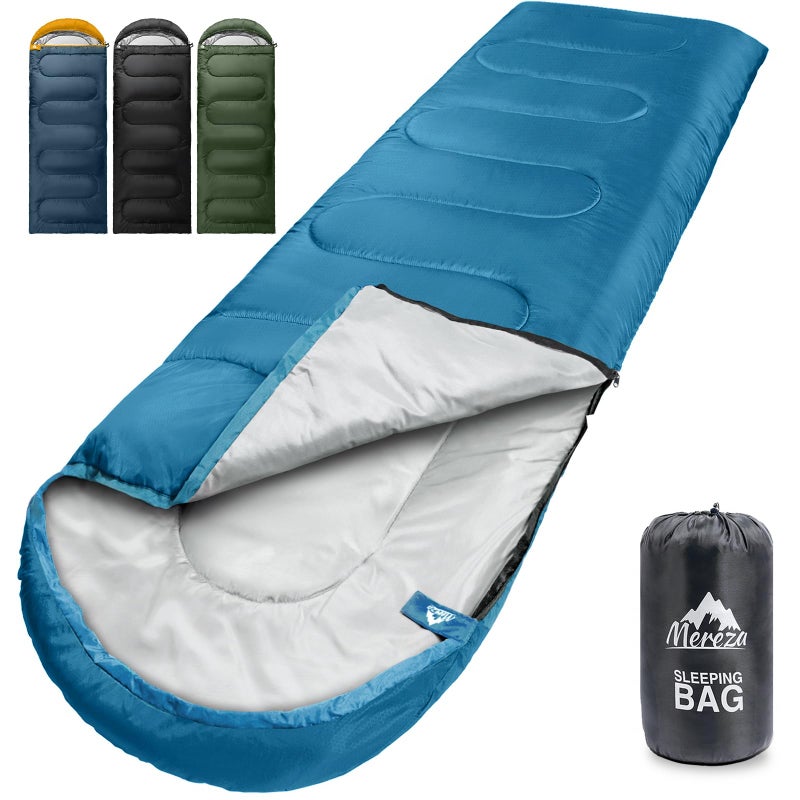 MEREZA Sleeping Bags XL for Adults Mens Large Wide Sleeping Bag for Camping Backpacking Big and Tall Sleeping Bags for Women 4 Season Warm Cool Weather with Compression Sack 2032F Blue