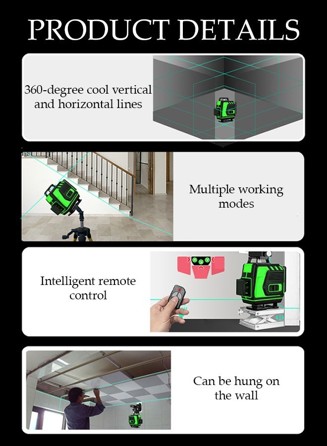 DUNISO 4D Laser Level Multifunctional 360° Self Leveling Rechargeable 12 Lines Green Laser Spirit Level Self Leveling, Horizontal and Vertical Cross Line Lazer Tool with Remote Control and Rechargeable Battery for Indoor Outdoor - Image 4