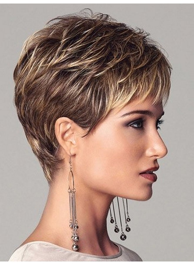 Short Dark Brown Mixed Blonde Highlight Pixie Cut Wigs With Bangs Synthetic Layered Wigs For Women Natural Hair Replacement Wigs - pzsku/Z16407B76B142EE84AA08Z/45/_/1696663855/ece9f963-35ce-4095-8b8f-bde15d6557f1