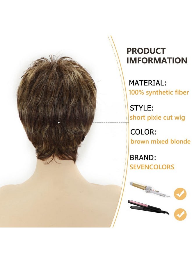 Short Dark Brown Mixed Blonde Highlight Pixie Cut Wigs With Bangs Synthetic Layered Wigs For Women Natural Hair Replacement Wigs - pzsku/Z16407B76B142EE84AA08Z/45/_/1696663856/a56b0fda-590e-4383-ba09-bdf51088ff3c