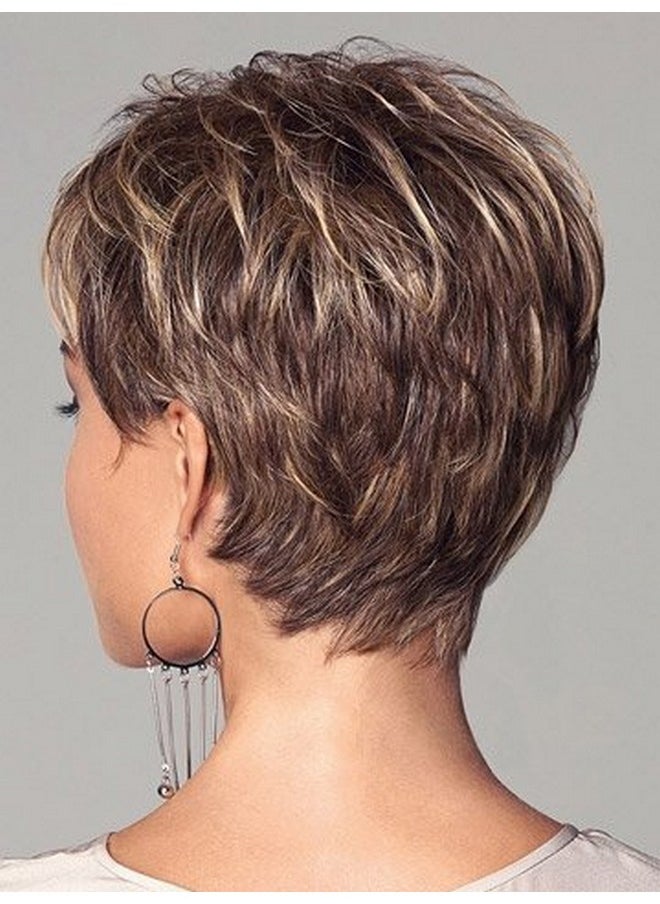 Short Dark Brown Mixed Blonde Highlight Pixie Cut Wigs With Bangs Synthetic Layered Wigs For Women Natural Hair Replacement Wigs - pzsku/Z16407B76B142EE84AA08Z/45/_/1696663858/cbe6f984-8f3e-4331-b284-c4a01182eee9