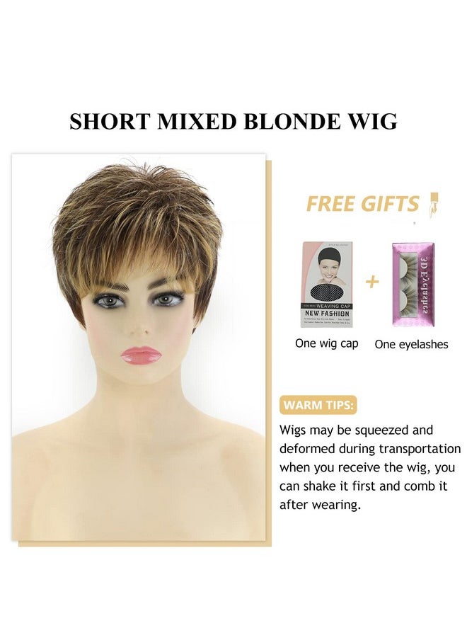 Short Dark Brown Mixed Blonde Highlight Pixie Cut Wigs With Bangs Synthetic Layered Wigs For Women Natural Hair Replacement Wigs - pzsku/Z16407B76B142EE84AA08Z/45/_/1696663861/862207cc-b2f5-4352-b881-5b2d0cedfd44