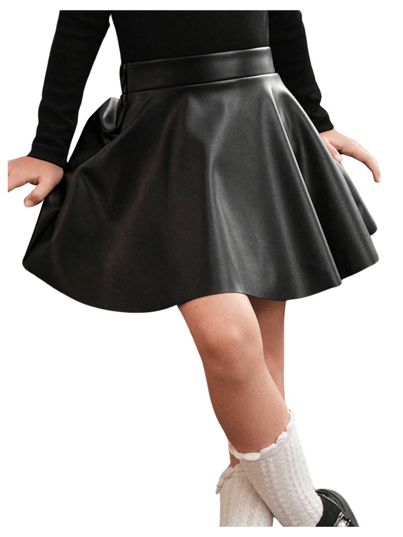 WDIRARA Toddler Girl's PU Leather Flared Mini Skirt High Waisted Skater A Line Skirt Black 7Y - Image 4