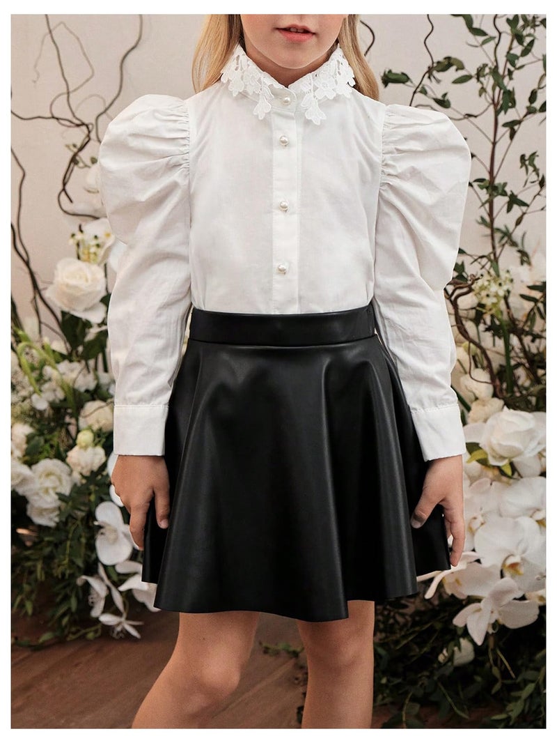 WDIRARA Toddler Girl's PU Leather Flared Mini Skirt High Waisted Skater A Line Skirt Black 7Y - Image 2