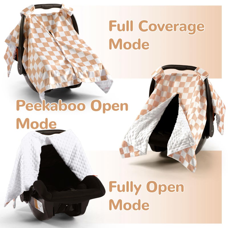 AceOrbit Khaki Checkered Car Seat Cover Baby Boy Girl, Minky Warm Winter Carseat Covers with Opening Soft for Newborn Infant Boys Winter Stroller, Nursing Cover Canopy Gift - Image 4
