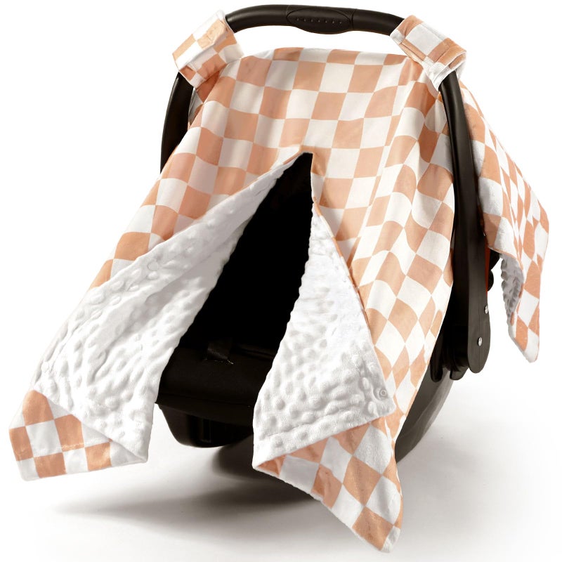 AceOrbit Khaki Checkered Car Seat Cover Baby Boy Girl, Minky Warm Winter Carseat Covers with Opening Soft for Newborn Infant Boys Winter Stroller, Nursing Cover Canopy Gift - Image 1