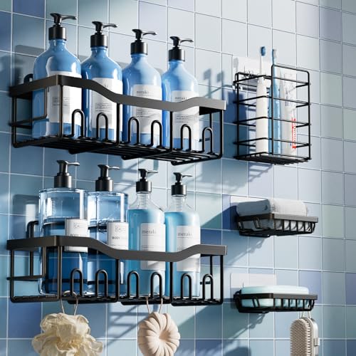 EUDELE 5Pack Rustproof Stainless Steel Shower Caddy Set No Drill Adhesive Bathroom Organizer SpaceSaving Shower Shelves for Apartment Essentials BathroomKitchen Storage Home DecorL Size